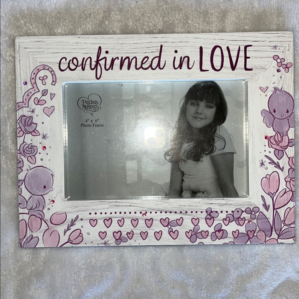 Precious Moments White Frame with Pink Floral Accents "Confirmed in Love"